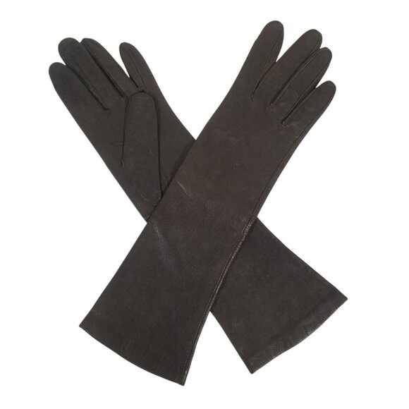 Vintage Kid Leather Gloves Dark Brown 3/4 Length Silk Lined Washable 6 1/2 - Picture 1 of 11